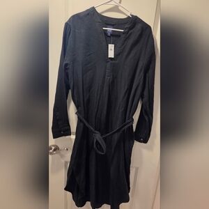 GAP Black Long-Sleeve Linen Midi Length Belted Shirt Dress M NWT